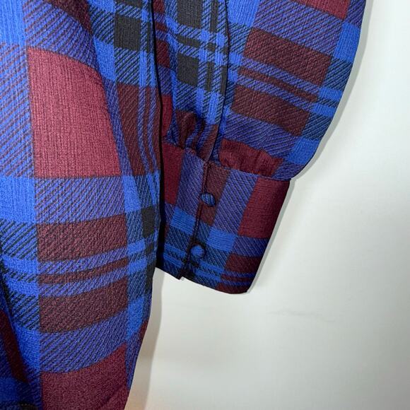 Ann Taylor Factory Plaid Blouse Women’s S Burgundy Blue Long Sleeve Square Neck - Picture 6 of 11